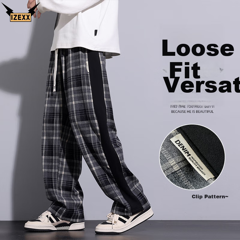 IZEXX Men's Plaid Pants, Summer American Straight Wide-Leg Loose Versatile Casual Pants, Sporty Retro Style ZL27 Gray L