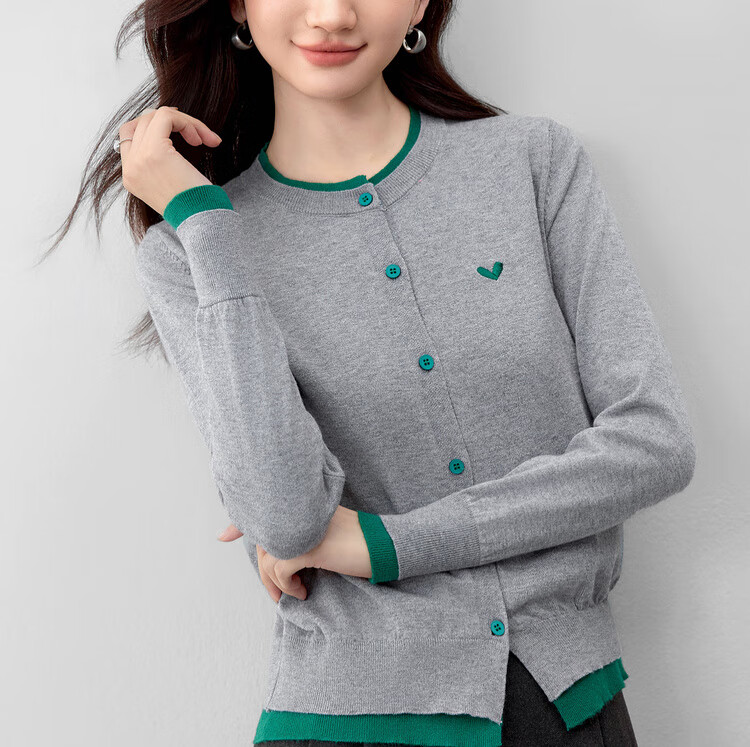 Sentubila Age-Reducing Elastic Knitwear Women Autumn Color-Block Crew Neck Ribbed Cuff Long Sleeve Cardigan Single-Breasted Heart Embroidery Top 8