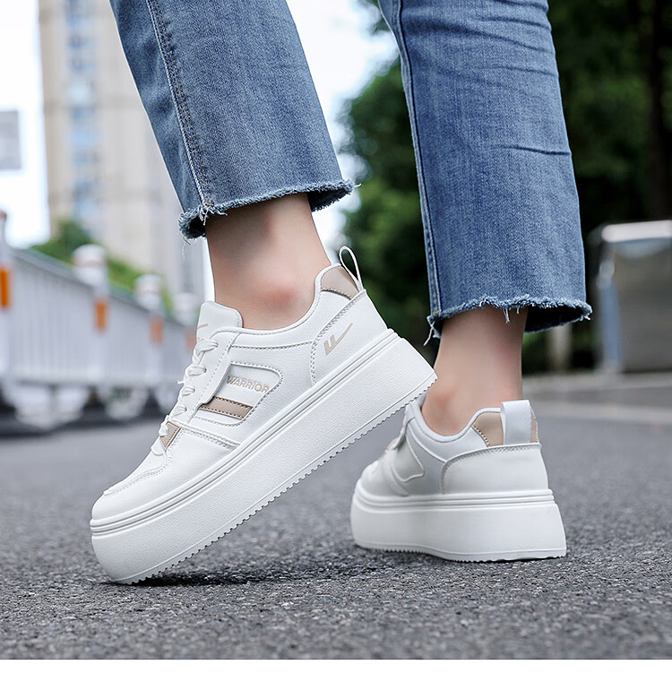 Warrior (Warrior) Women's Sneakers with Height Increase, Thick Sole Casual Shoes, Simple Versatile Sports White Shoes WXY-M718C White Apricot 39 1