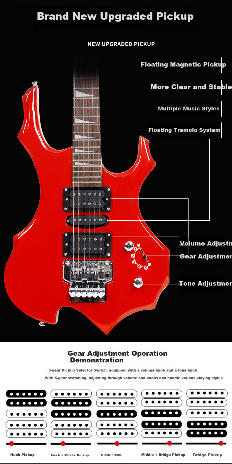 Minsine Night Sky Black/Flame, Unique Shaped Electric Guitar, Adult Professional-Grade Dual-Shake Electronic Guitar for Beginners 5