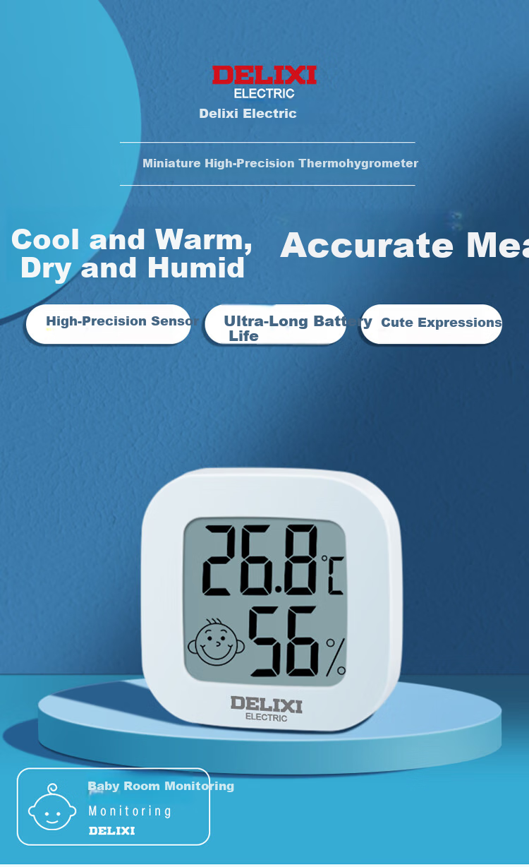 DELIXI ELECTRIC Home Indoor Thermometer with Smiley Face, Baby Room Alarm Clock Timer Electronic Digital Display Temperature And Humidity Meter Thermometer 1