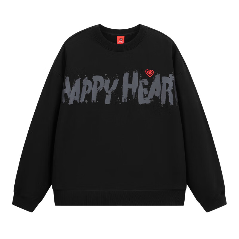 Charles Peach Heart American Style Pure Cotton Embroidered Sweatshirt Men Crew Neck Spring Autumn New Pullover Long Sleeve Top Black S