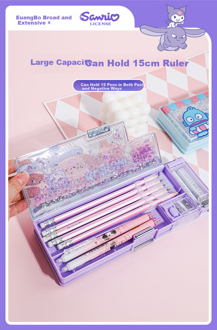GuangBo & Sanrio Sand Art Pencil Case, Elementary School Student Multifunctional Plastic Automatic Pencil Case, Double-Layer Pencil Bag for Girls, Boys' Pencil Case, Renyu Han'dun KT85110 7