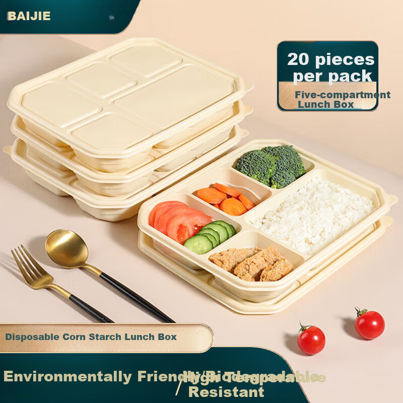 Baijie Corn Starch Disposable Food Containers, Biodegradable Microwave-Safe Lunch Boxes with Lids, Takeout Containers, 5 Compartments * 20 Sets