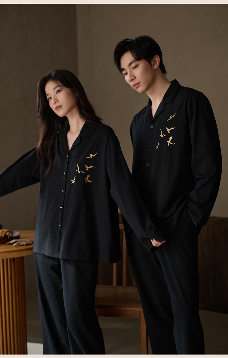 Shaqian Couples Pajamas 2025 New Soft Cotton Men's Homewear Black Lapel Women's Spring Autumn Wearable Set 2