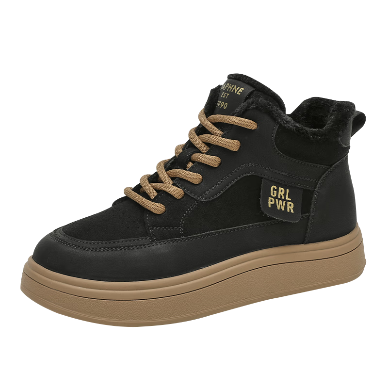 DAPHNE Premium Thick-Soled High-Top Sneakers for Women, Fashionable Versatile Fleece-Lined Warm Cotton Casual Shoes, Black, Size 38