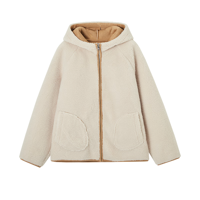 Demana [Velvet Winter Warmth] Winter Hooded Loose Fit Large Pocket Colorblock Faux Shearling Warm Petite Women's Coat