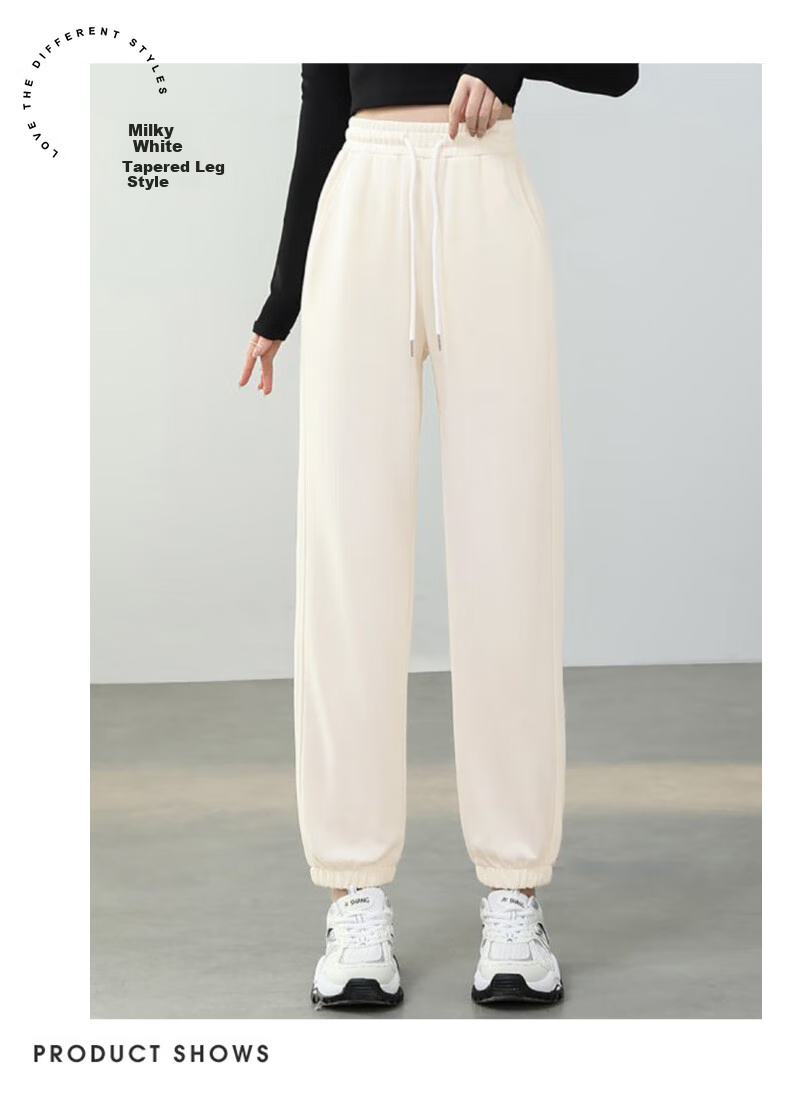 Jeanswest Women's Summer High-Waist Draped Drawstring Loose American-Style Sporty Curved Wide-Leg Pants Black M 14