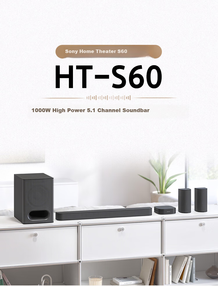 SONY HT-S60, 1000W High Power, 5.1 Physical Channel, Surround Sound, Wireless Rear Surround, Soundbar, Home Theater, Bluetooth 1