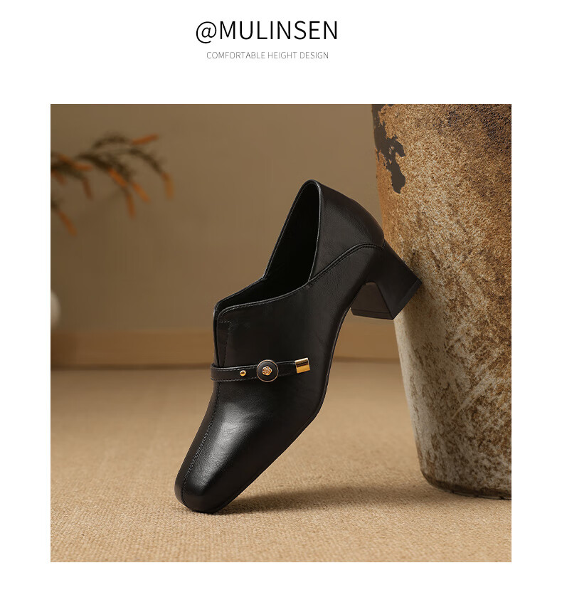 MULINSEN Women's Comfortable Commuter Leather Shoes Versatile Square Toe Low-Heel Mom Shoes Black Size 36 9