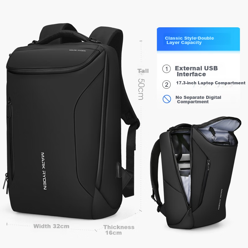 MARK RYDEN Backpack for Men, 17.3-Inch Laptop Bag, Business Backpack, Student Schoolbag, MR9031 Elite Black