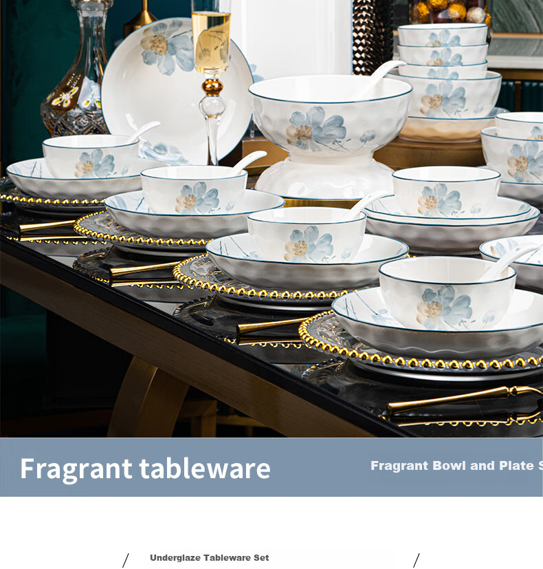 KANGQIN Underglaze Color Dinnerware Set for Home Use, 2025 New Stylish Ceramic Bowls, Plates, Chopsticks And Tableware Set, Fragrant 3
