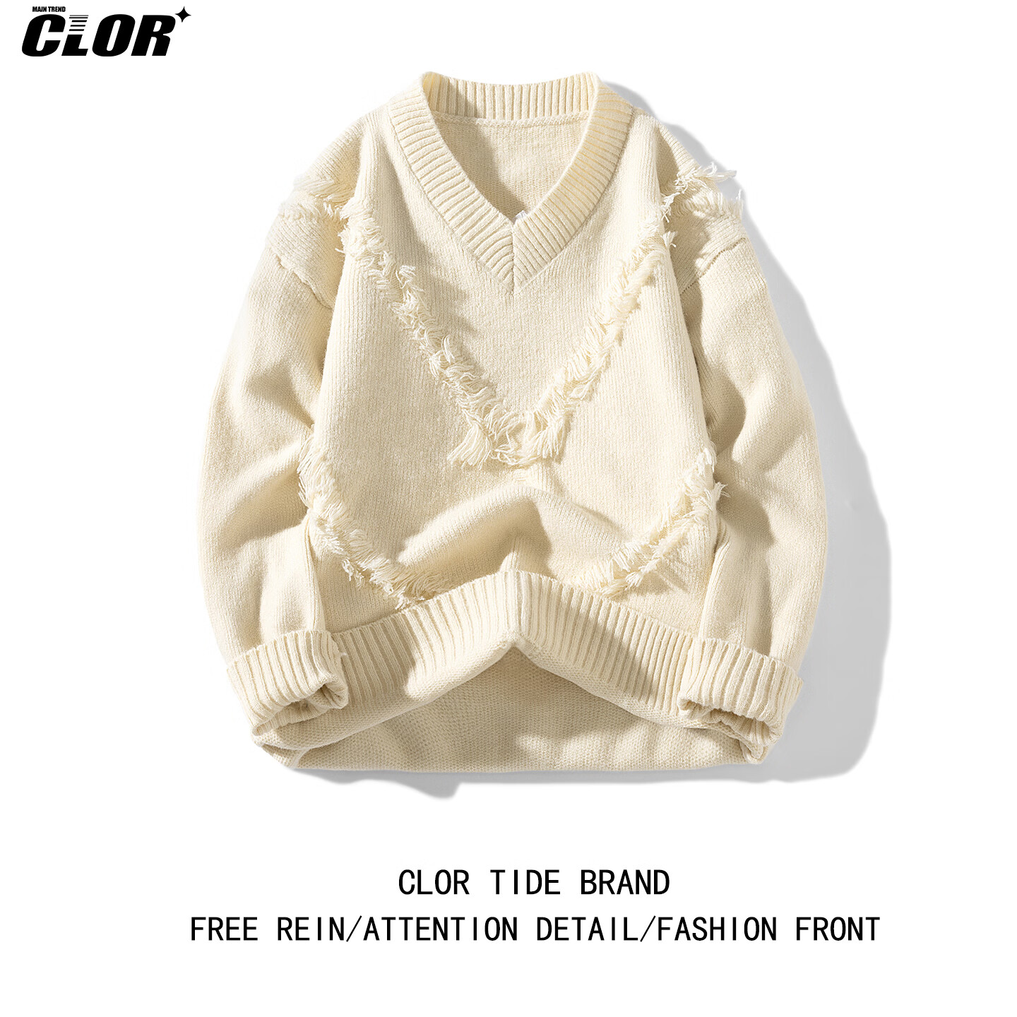 CLOR Men's American Style V-Neck Sweater Winter Loose Casual High-End Versatile Knitwear MYC07 Apricot L