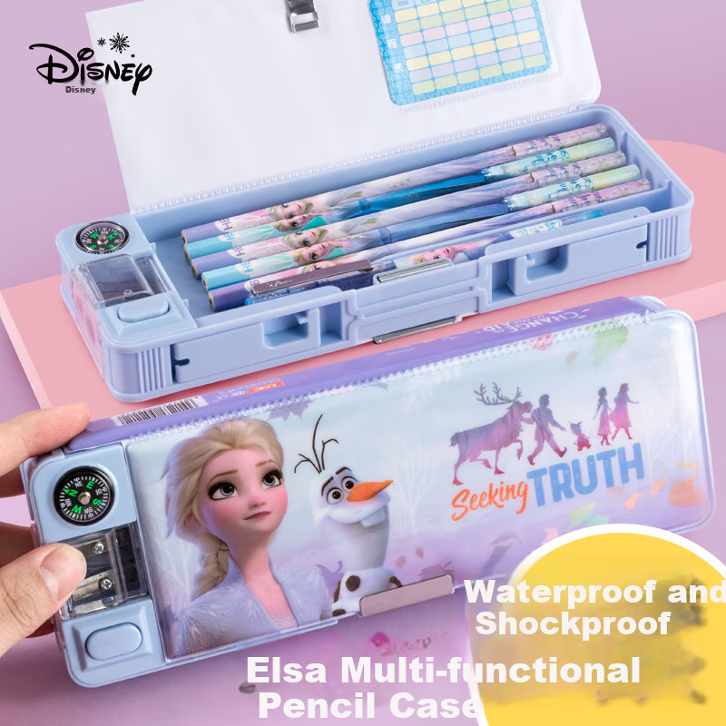 Disney Elementary School Stationery Box Multifunctional Plastic Pencil Case with Sharpener Children's Birthday Gift Double-Sided Large Capacity Pencil Box Elsa Princess Back-to-School Gift
