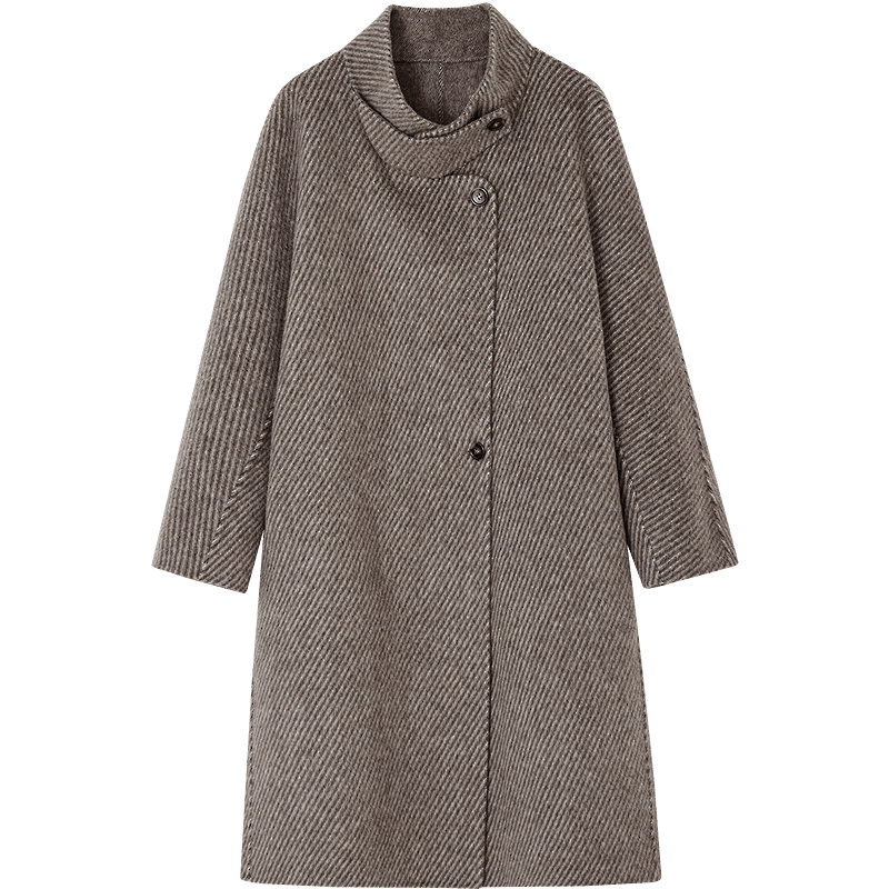 DME [Kochi University Female Lead] Winter Sheep Wool Diagonal Stripe Double-Sided Wool Coat Stand Collar Long Women's Woolen Overcoat