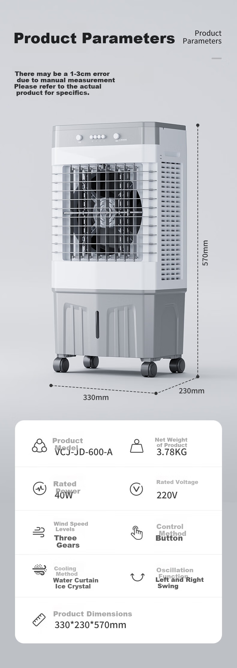 VCJ [Powerful Cooling] Air Cooler Fan, Home Cold Air Fan, Water-Cooled Fan, Portable Cooling Fan with Water Tank, for Bedroom And Living Room, Model HZ-70 12