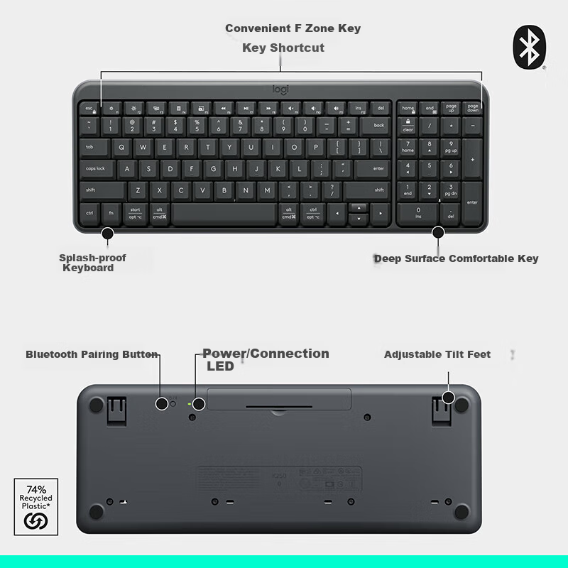 Logitech K251 Enterprise Bluetooth Wireless Office Keyboard for Laptops, Phones, Macs, Tablets And IPads, 99 Keys Digital Keyboard, Graphite Black [Order Bonus]