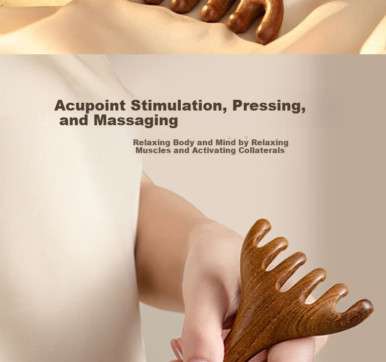 Bingyou Deer Antler Sandalwood Head Meridian Massage Comb, Health Care Scalp Therapy Six-Five Claw Natural Scalp Gua Sha Dredging, 1 Piece 15
