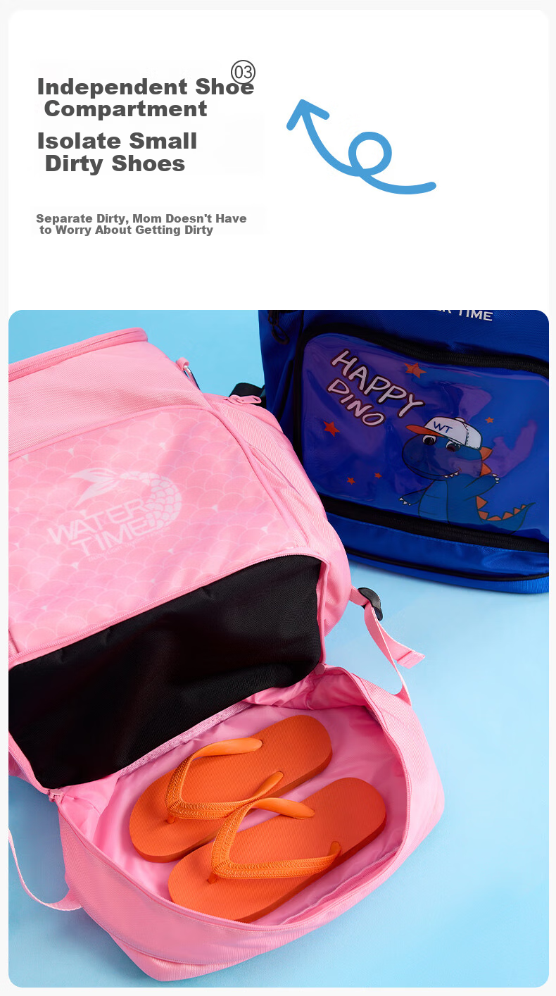 WATERTIME/Shuichuan Swimming Bag with Dry And Wet Separation, Youth Children's Backpack, Beach Storage Bag, Blue Dinosaur Desig 3