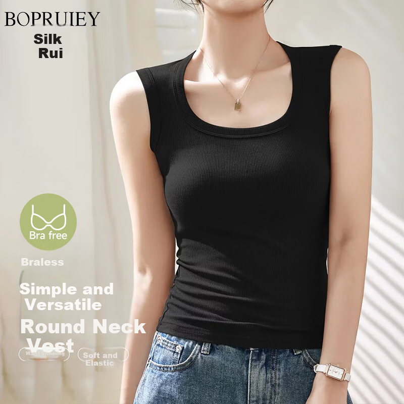BOPRUIEY Women's Camisole Tank Top with Built-In Bra Pads, Thin Summer Style, Square Neckline, Sleeveless Sports Undershirt, Long Style for Outer Wear