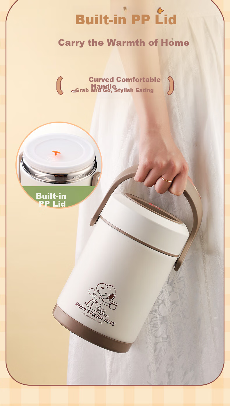 SNOOPY Insulated Lunch Box with Handle, 2L Large Capacity, for Office Workers And Students, Multi-Layer Portable Stainless Steel Thermos (With Thermal Bag) 11