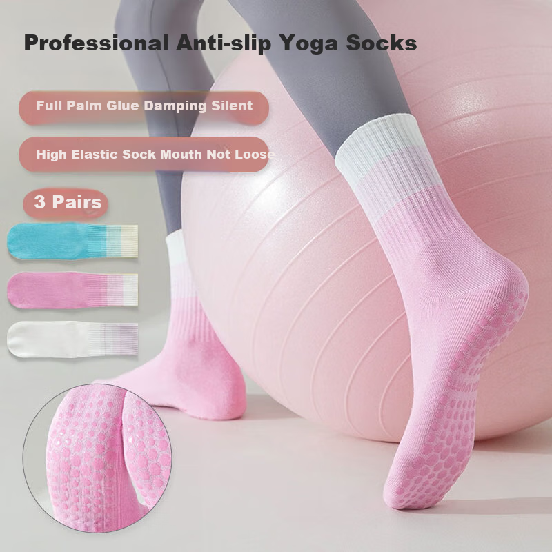 Duweike Yoga Socks for Women, Mid-Calf Length, Professional Non-Slip Fitness Pilates Exercise Floor Socks with Shark Pants, 3 Pairs