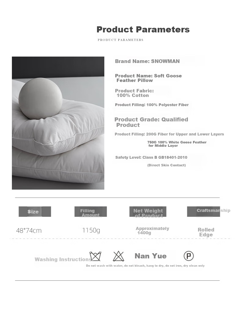 Sinuoman All-Cotton Antibacterial Neck Support Pillow, Five-Star Hotel White Goose Down Fiber Composite Pillow Core, 74*48cm High Pillow 13
