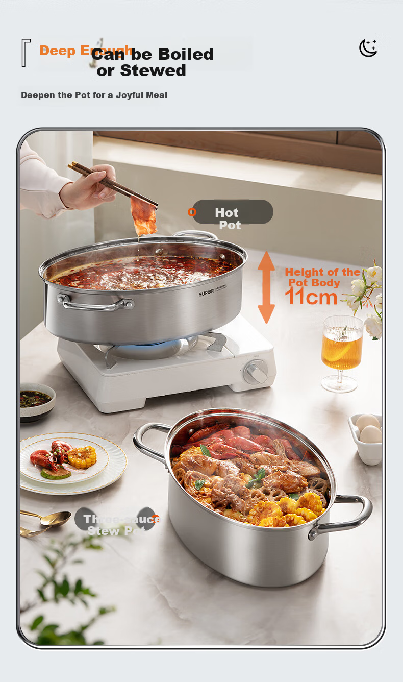 SUPOR 304 Stainless Steel Multi-Purpose Steaming Pot, 6.3L Deep Large Capacity, Visible Lid, Suitable for Open Flame And Electric Ceramic Stoves 6