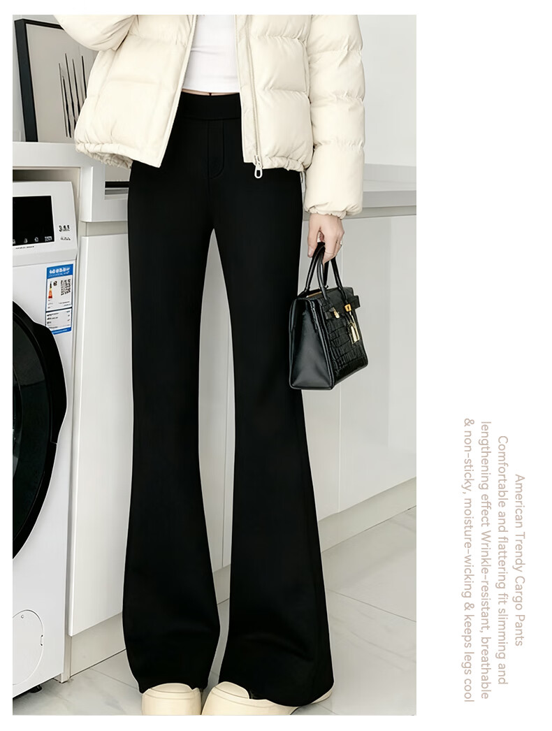 FitonTon Women's Black Flared Pants Winter 2025 New Thickened Fleece High Waist Slim Casual Trousers 2