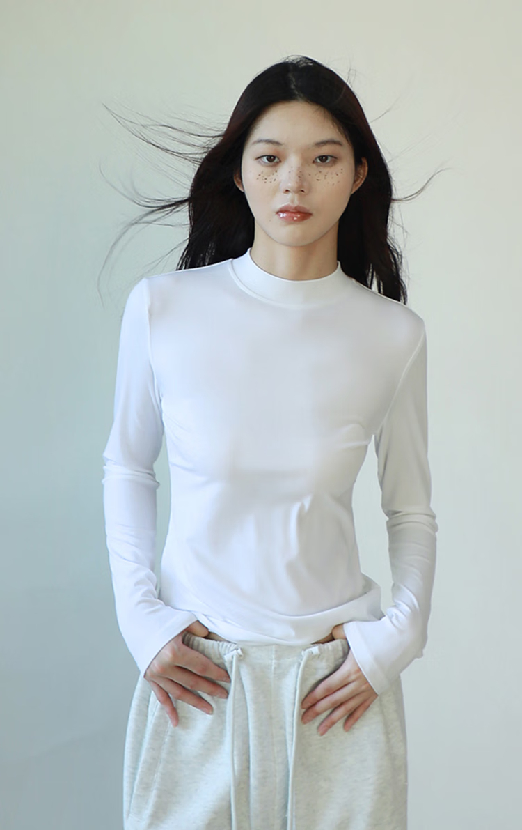 La Chapelle Spliced Semi-Turtleneck Long-Sleeve Top, Spring And Autumn Stylish Slim-Fit Versatile Women's T-Shirt, Inner Layer Base Shirt, White, S 2
