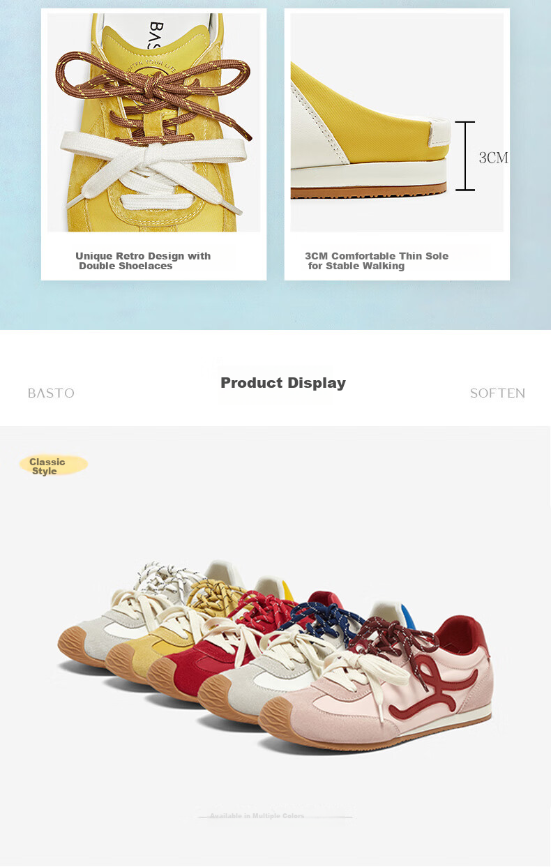 BASTO [Zhang Yuexi's Choice] Candy-Colored Height-Increasing Training Shoes, Slanted Casual Forrest Gump Shoes for Women, Yellow, Size 36 16