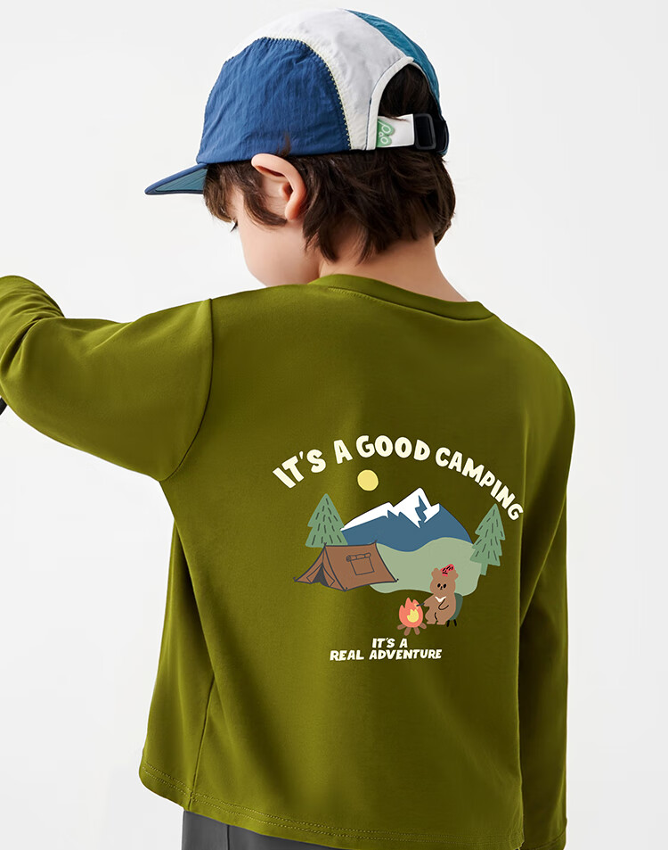 Badibadi Autumn New Baby Boys Pure Cotton Long Sleeve T-Shirt Base Shirt Grass Green Happy Letter Camping Bear Yellow Size 100 2