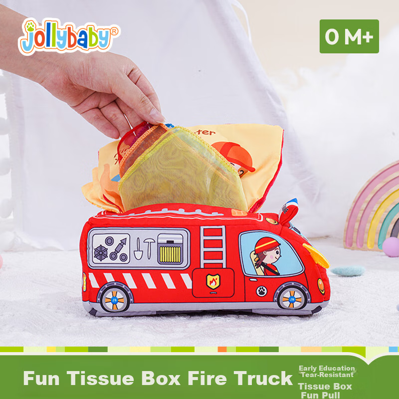 Jollybaby Baby Tissue Paper Toy Box, Tear-Resistant Tissue Dispenser for Infants And Toddlers, Realistic Design for Newborns, Fire Truck Design for Ages 0-1