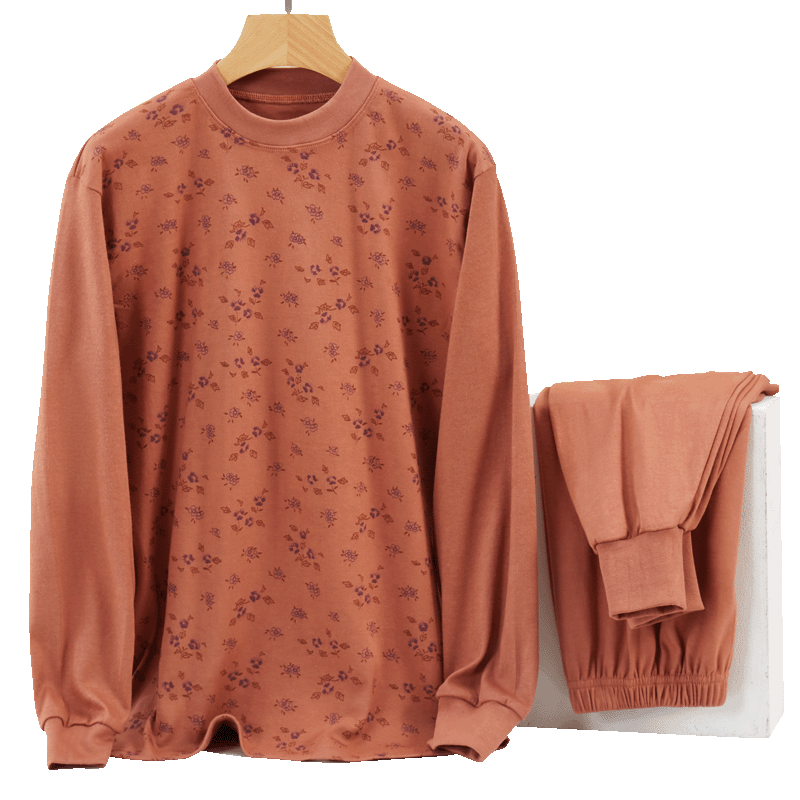 Bejirog Women's Cotton Thermal Underwear Set Autumn Top and Bottom for Middle-aged and Elderly, Brick Red Floral Mid-neck 3XL