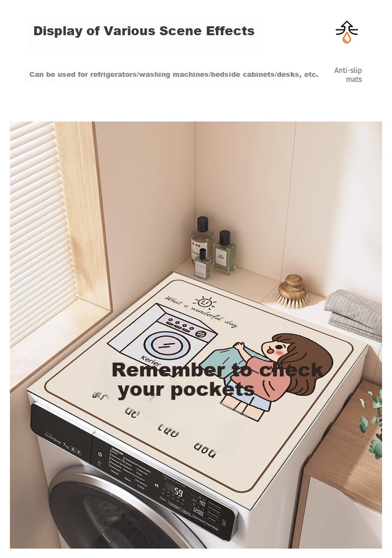 Keruier Washing Machine Cover, Waterproof And Sun-Proof, Diatomaceous Earth Dust-Proof Cover, Refrigerator Top Non-Slip Washable Absorbent Pad, Bedside Table Universal Mat, 60*60cm 12