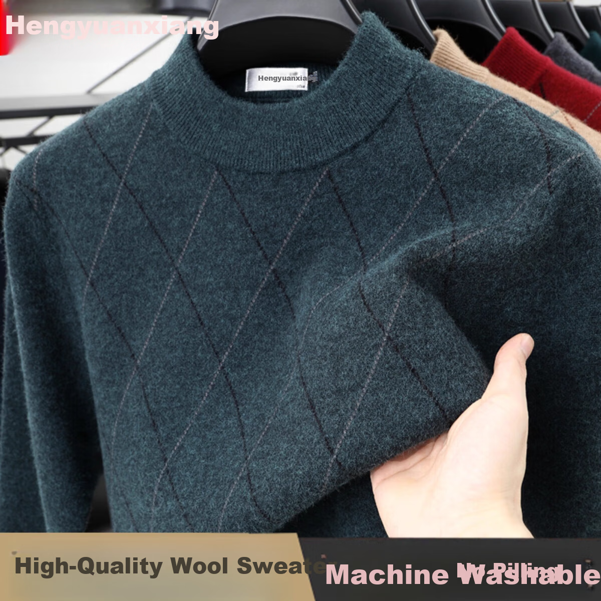 Hengyuanxiang [Contains Wool] Men's Sweater, Winter Semi-Turtleneck, Middle-Aged Thickened Base Layer, Knitted Pullover, Wine Red, 4XL