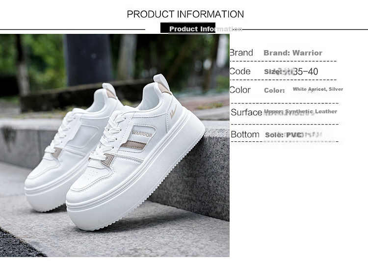 Warrior Women's Thick-Soled Sneakers, Versatile White Shoes, Breathable Footwear for Women, WXY-M718C, White And Silver, Size 39 2
