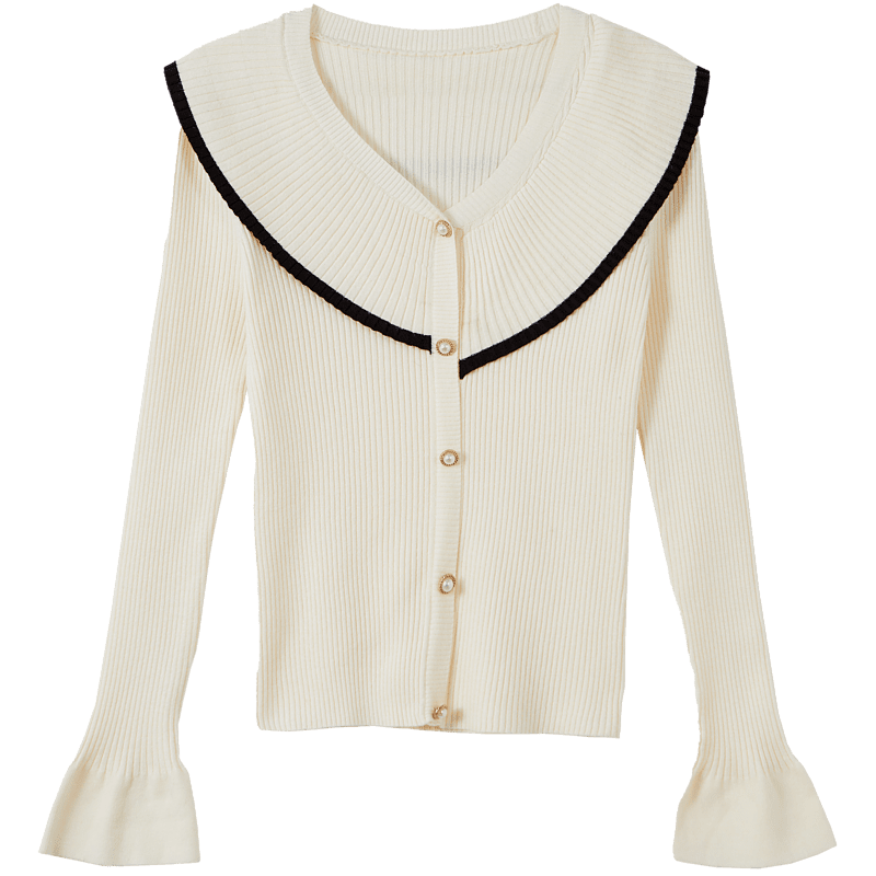 DME French Style V-Neck Velvet Yarn Ruffle Contrast Color Cardigan Ruffle Knitted Sweater Women's Top