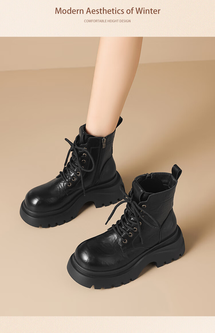 ZHR Women's Martin Boots Small Size Thick Sole Retro Ankle Boots Height Increasing Casual Women's Boots JF356A Black 37 2