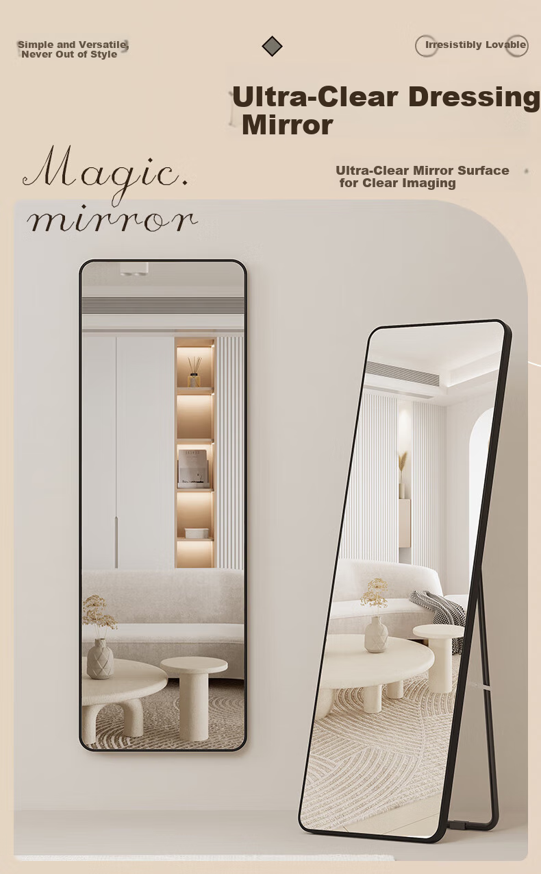 Milin Floor-Standing Full-Length Mirror, Hanging Door Dressing Room Mirror, Simple Home Wall-Mounted Mirror with Silver Frame, 150*40 Cm 1