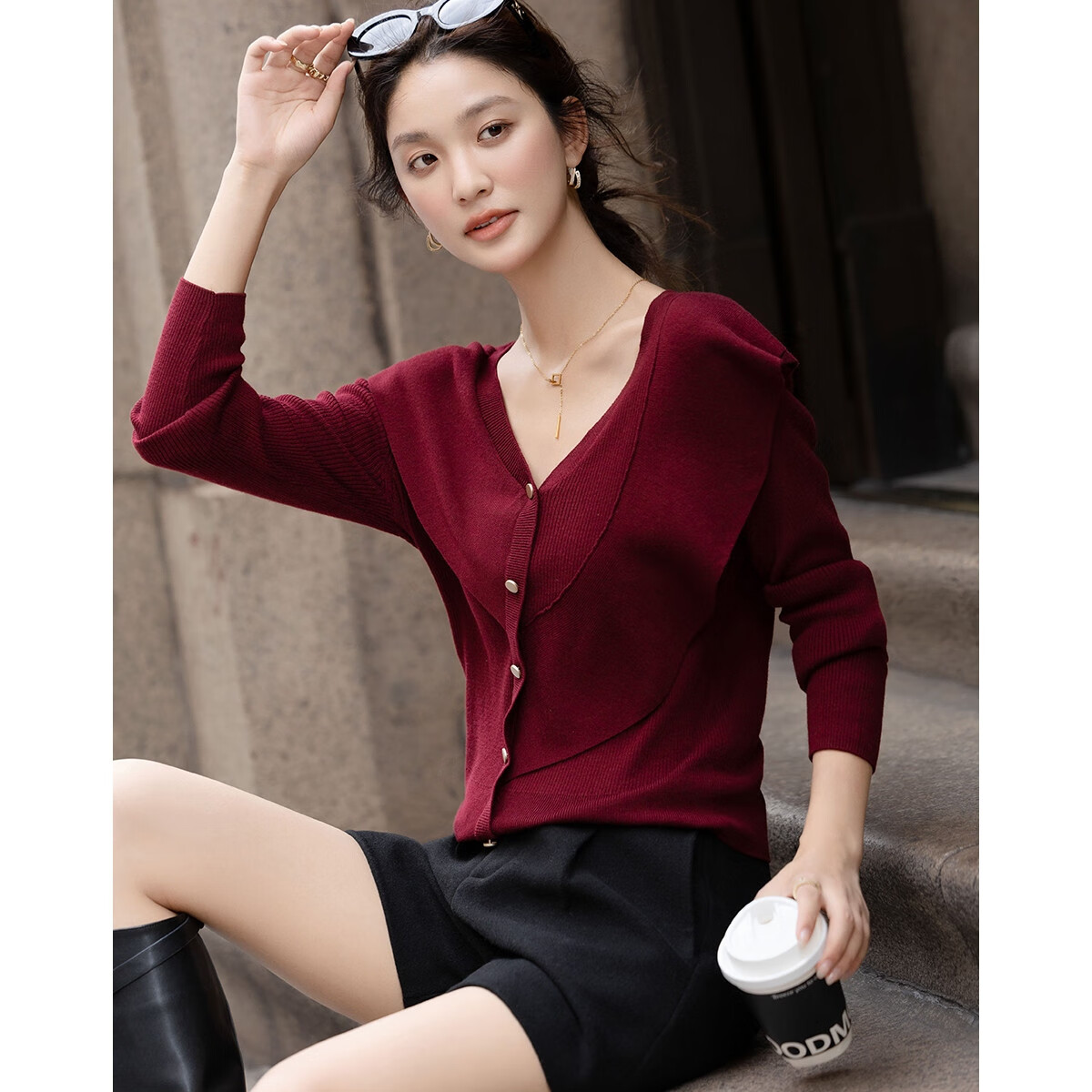 Demana Autumn Elegant Irregular Ruffle V-Neck Knit Sweater with Contrasting Buttons and Wool Blend