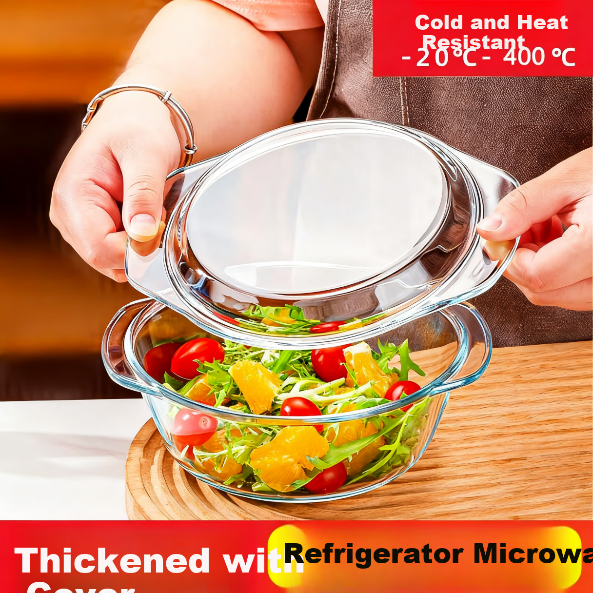 PINYU Glass Double-Handled Transparent Glass Bowl with Lid, Microwave-Safe, Heat-Resistant Soup Bowl, Noodle Bowl, Salad Bowl, Ramen Bowl, Steamed Egg Custard Bowl