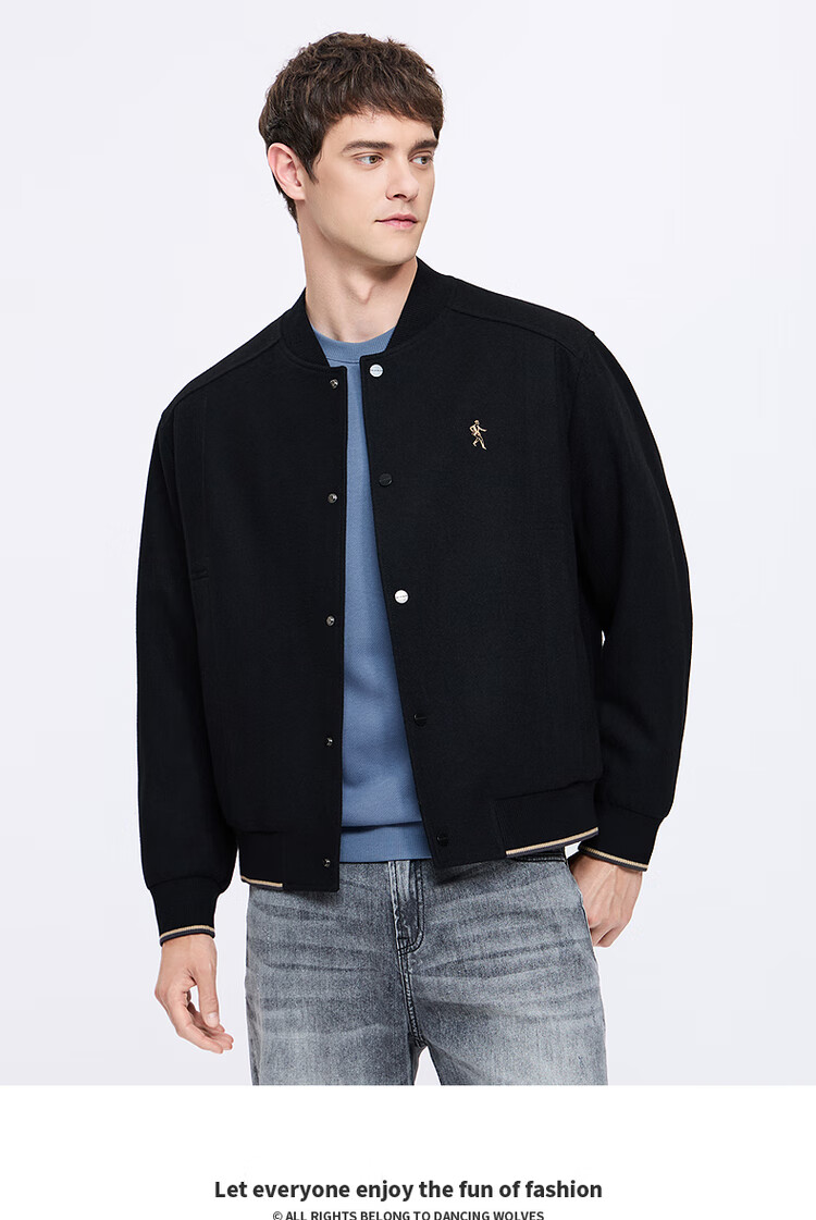 DANCING WOLVES Black Gold Goose Down & Wool Woolen Jacket Warm Baseball Collar Down Coat 001 Black L 1