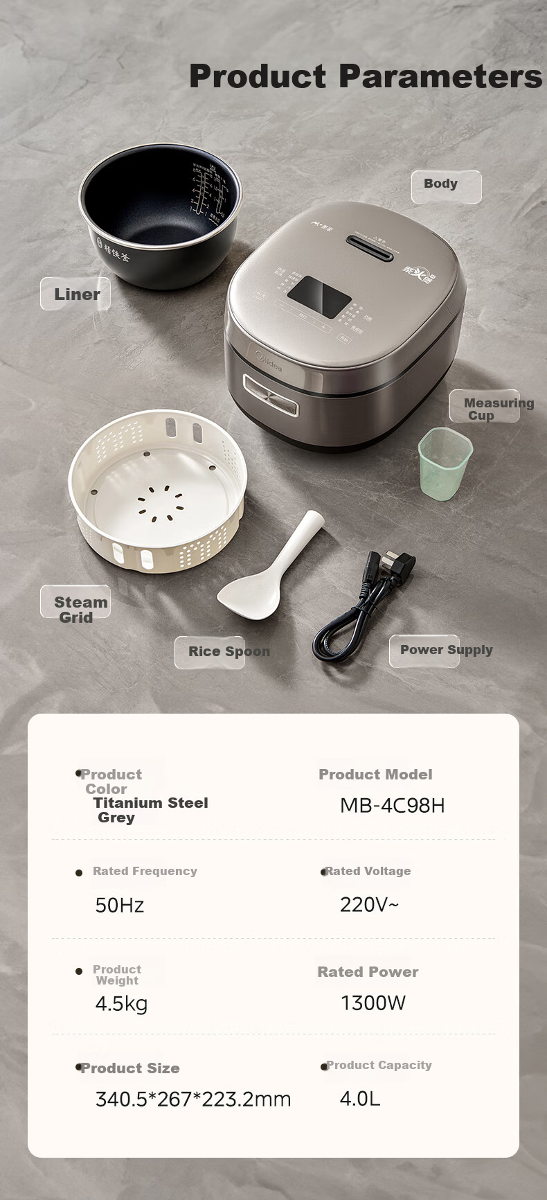 Midea Electric Rice Cooker Household High Power IH Induction Cooker Heating 4L Rice Cooker for 3-4-5-8 People Petal Series Same Model in Store MB-CFB4097H 12