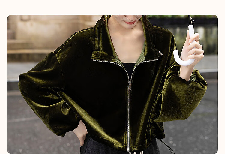 Demana Modern Luxury Spring Autumn Glossy Elegant Velvet Stand Collar Lantern Sleeve Adjustable Drawstring Hem Jacket for Women 2