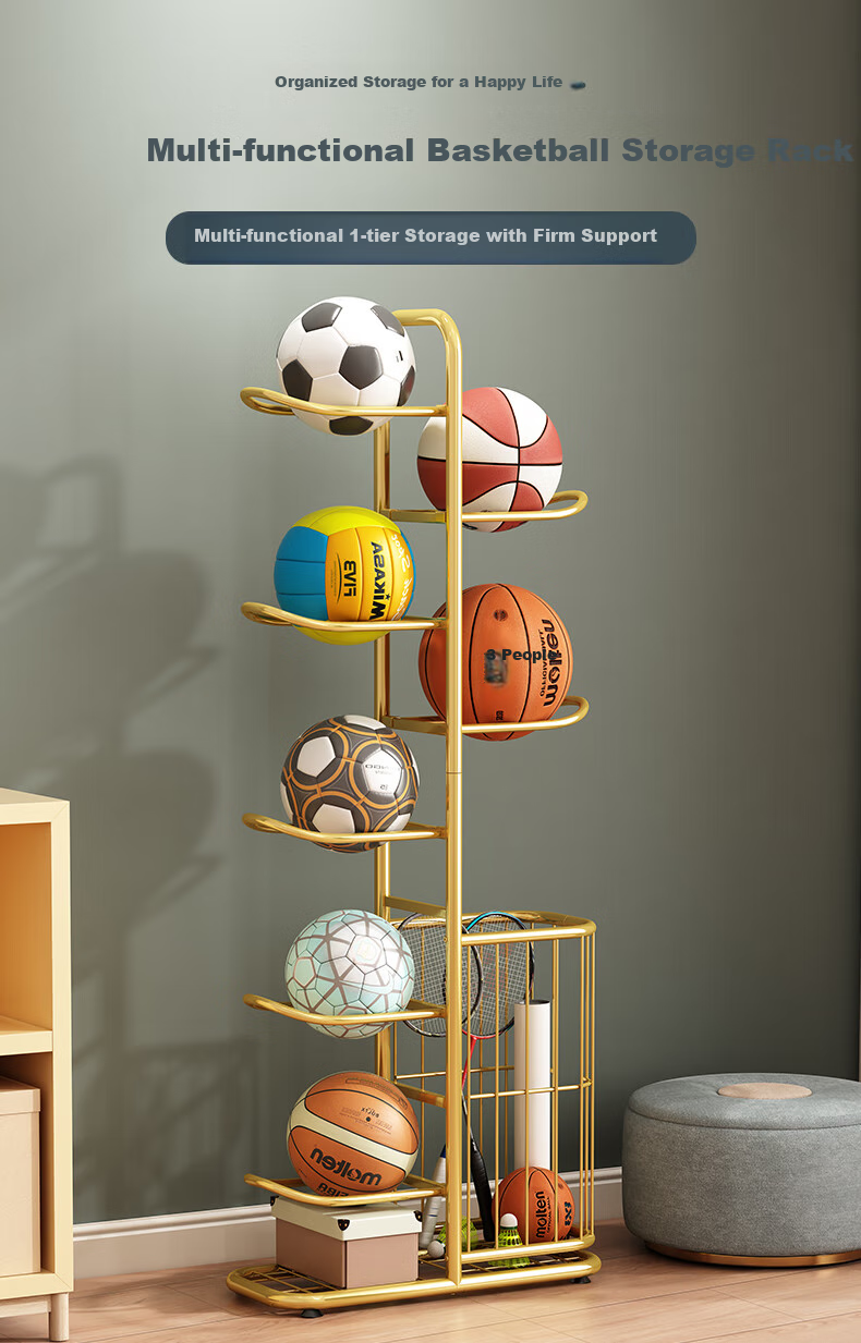 WoJia Basketball Hoop Storage Rack Floor Standing Organizer Home Living Room Toy and Ball Storage Rack Gold 1