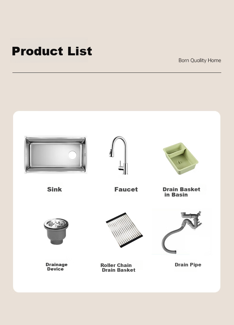 OULIN Kitchen Sink, Large Single Basin Vegetable Washing Sink, Integrated Basin, No Coating, SUS304 Stainless Steel Sink, Pull-Out Faucet, 661 14