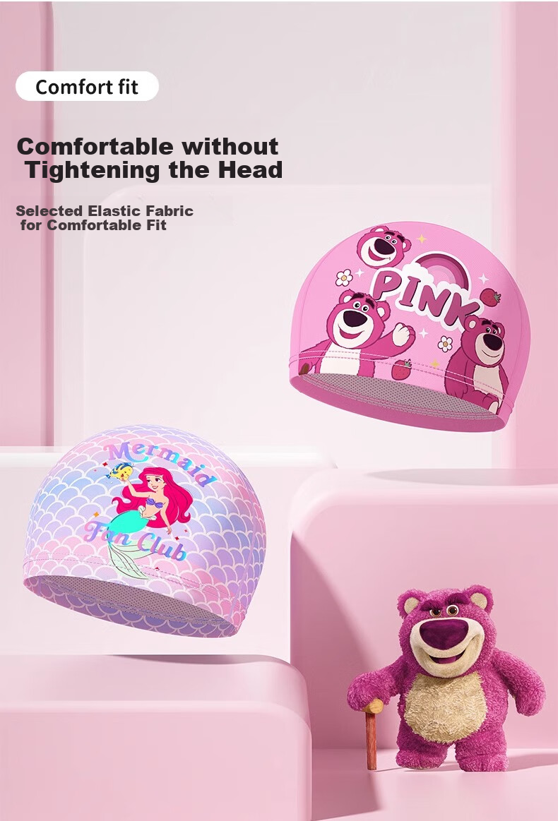 Disney Children's Swim Cap for Boys and Girls Ages 3-12, Extra Large Head Circumference, Comfortable Fabric, Suitable for Long Hair, Model D71974 Light Pink 2