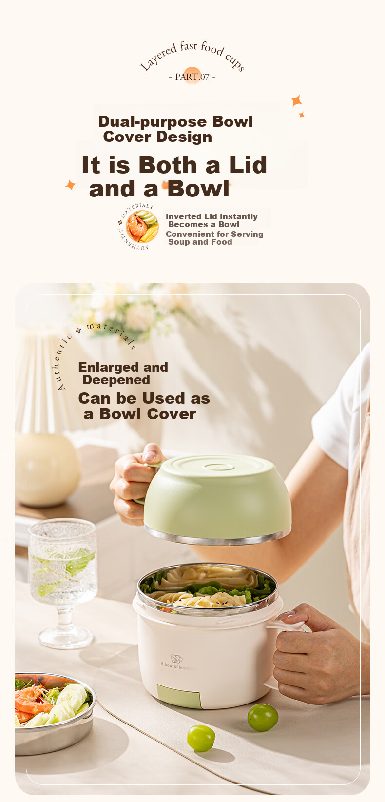 Guangyi 304 Stainless Steel Student Lunch Box, Fast Food Cup with Lid, Three-Layer Noodle Bowl, Comes with Spoon And Chopsticks, Green GY7353 8