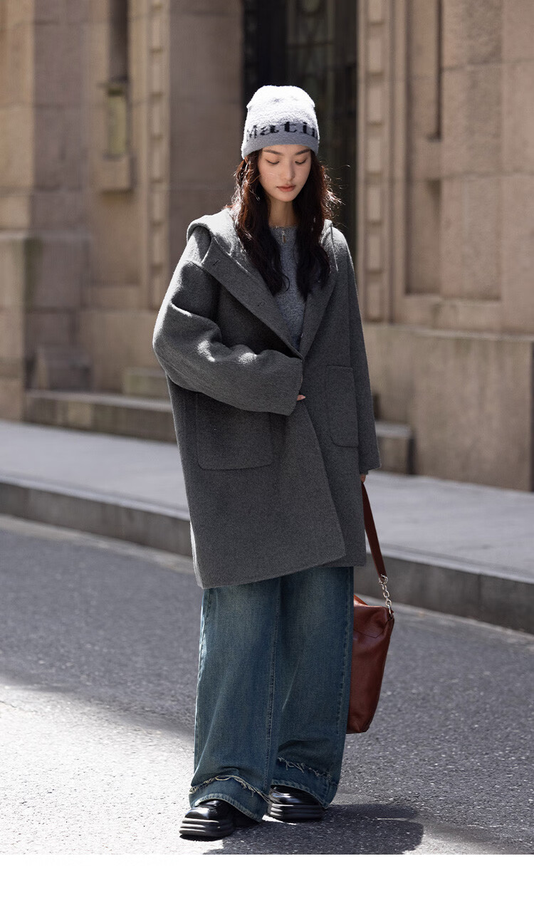 Demana College Style Winter Hooded Long Sleeve Mid-Length Wool Coat with Front Pockets and Open Placket 10